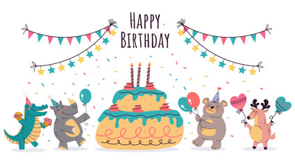 Birthday animal cute party kid celebration concept. Vector flat graphic design illustration
