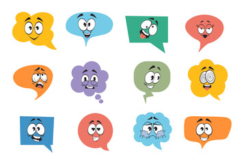 Speech social media bubbles with face character chat isolated set. Vector flat graphic design illustration
