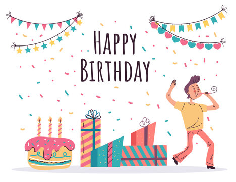 Birthday card cake party celebration concept. Vector flat graphic design illustration