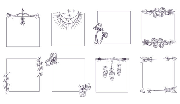 Tribal boho ornamental magic frame isolated set. Vector flat graphic design illustration