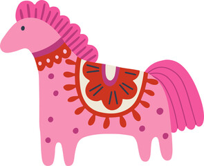 Pink horse in folk art flat vector illustration.