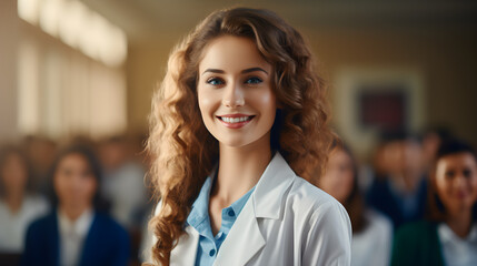 A smiling, confident female doctor or nurse standing in the front row of a medical training class or seminar room, posing for a portrait shot,