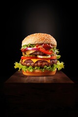 A close-up of a juicy burger on a wooden table