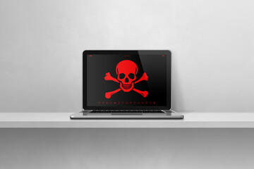 Laptop on a shelf with a pirate symbol on screen. Hacking concept