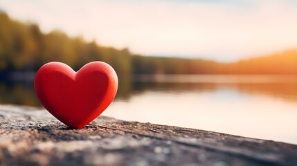 Fototapeta premium Close up of a red wooden Heart in front of a beautiful Lake. Blurred natural Background