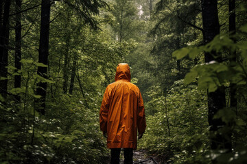 A man in an orange raincoat in the middle of a wet forest. Search for missing people rescue...