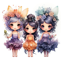 watercolor Cute Little Fairies with Flowers clipart, Generative Ai