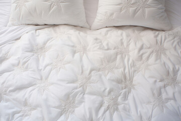 Winter warm quilt. Bedding with a snowflake design. Generative AI