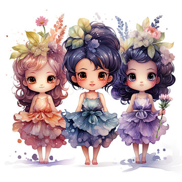 watercolor Cute Little Fairies with Flowers clipart, Generative Ai