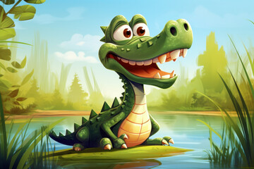 cheerful animal crocodile in cartoon style illustration - obrazy, fototapety, plakaty