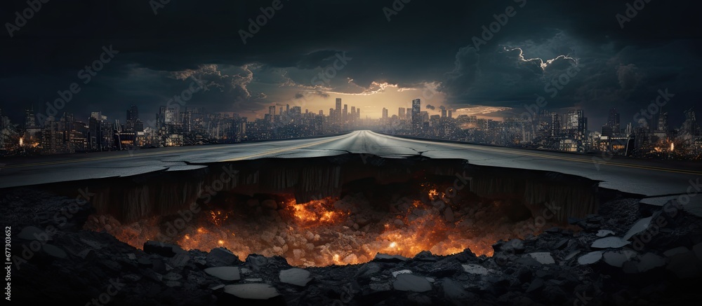 Poster 3d illustration of a cross section showing a cutaway of a tar road on soil copy space image place fo
