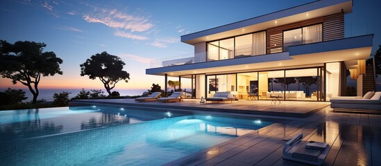 3D model of a contemporary villa featuring a pool Copy space image Place for adding text or design