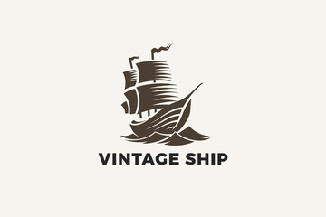 Vintage Ship Logo Design Vector template Engraving Style. Sailboat Old Medieval Logotype Engrave concept icon. - 677303665