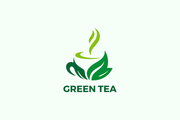 Green Tea Cup Leaves Logo Herbal Vector Design template.