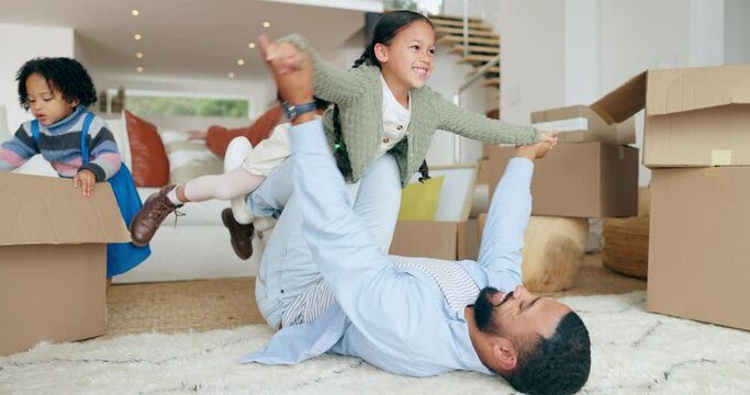 Home, fly and happy child, father and moving family playing fun living room games, bonding and quality time together. Floor carpet, boxes and relax dad, kid and daughter with love, support and care