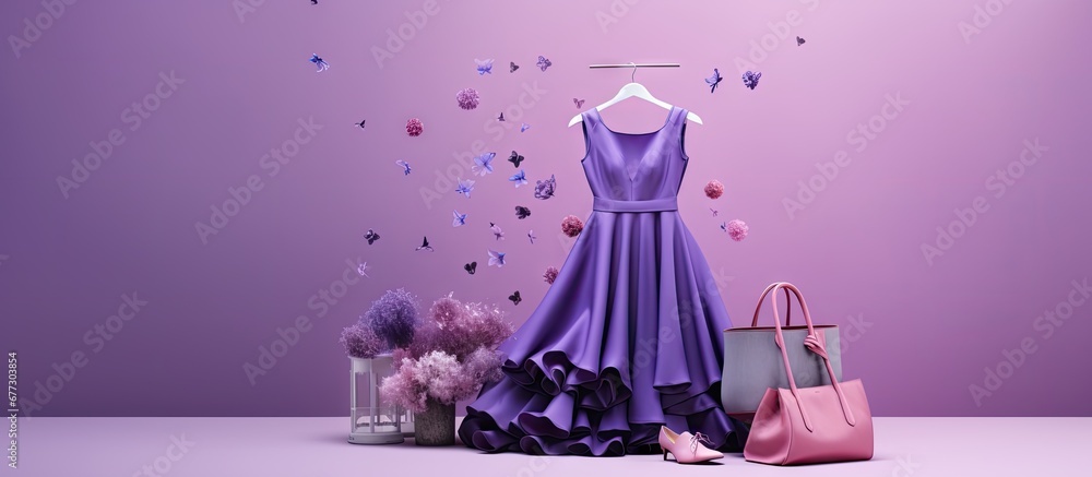 Poster 3d rendered purple background with dresses and shopping bags from online stores copy space image pla