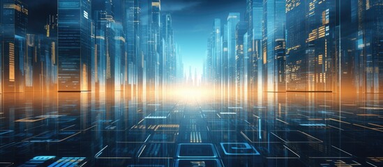 3D depiction of a futuristic city s data security information protection and server with skyscrapers and digit elements Copy space image Place for adding text or design