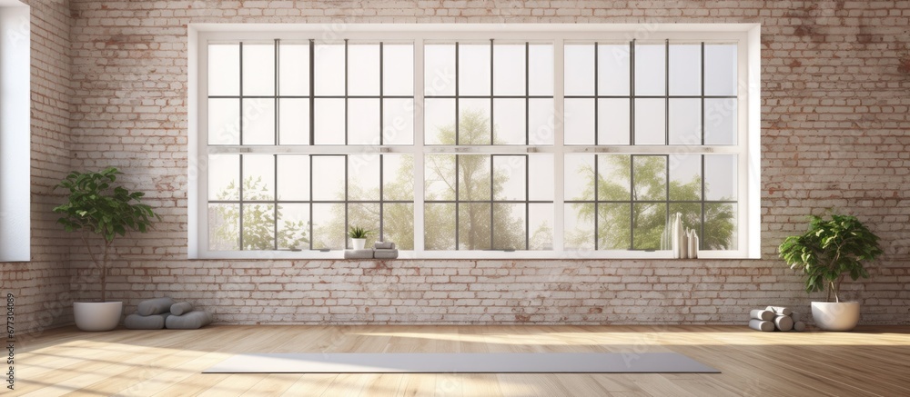 Poster 3d rendering of a modern yoga studio with city view and brick wall copy space image place for adding