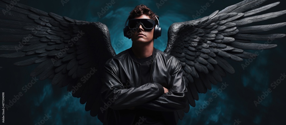 Poster 3d illustration of a thinker wearing vr glasses and with painted wings copy space image place for ad