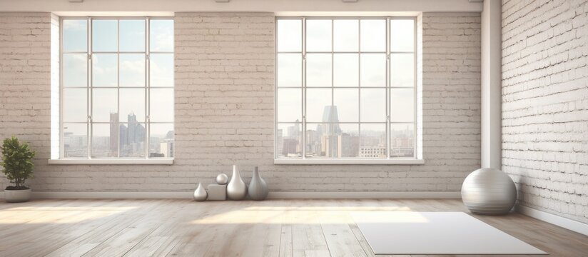 3D rendering of a modern yoga studio with city view and brick wall Copy space image Place for adding text or design