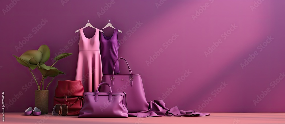 Poster 3d rendered purple background with dresses and shopping bags from online stores copy space image pla