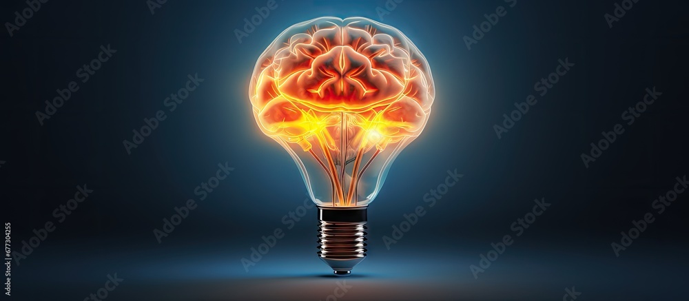 Poster 3d rendering of human brain glowing inside light bulb isolated on dark blue background copy space im