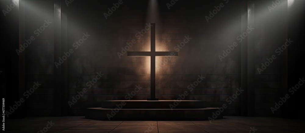 Aufkleber 3d rendered background with space for text depicting a cross in a dark room illuminated by a christi