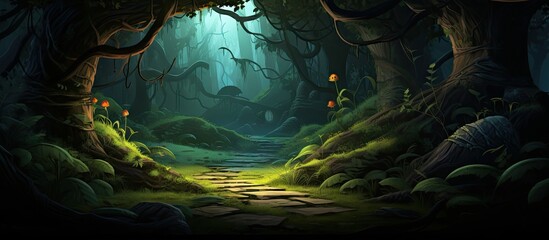 Background illustration for a realistic enchanted forest game concept Copy space image Place for adding text or design - obrazy, fototapety, plakaty