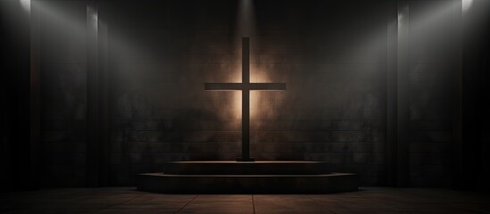 3D rendered background with space for text depicting a cross in a dark room illuminated by a Christian light Copy space image Place for adding text or design