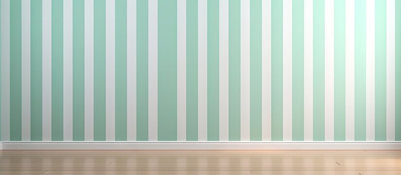 3D illustration of an empty room with white walls parquet floor and striped green wallpaper housework concept Copy space image Place for adding text or design