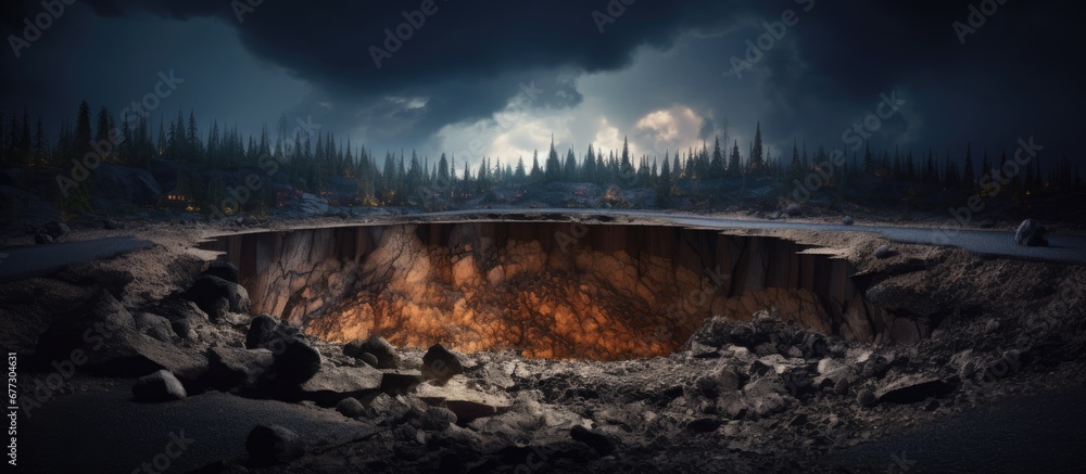 Poster 3d illustration of a cross section showing a cutaway of a tar road on soil copy space image place fo