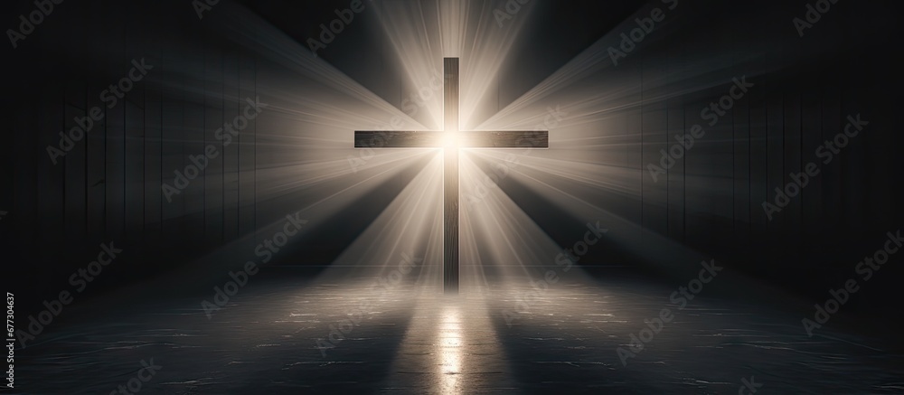 Poster 3d rendered background with space for text depicting a cross in a dark room illuminated by a christi