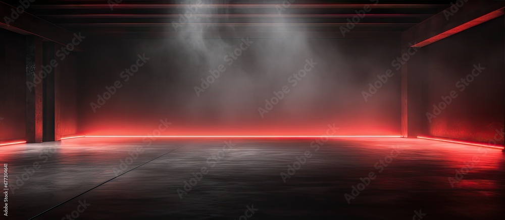 Poster 3d illustration of a dark underground garage with a red neon laser line glowing on concrete walls an