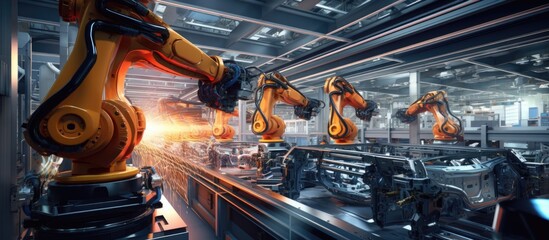 3D concept for car factory automated robot arm assembly line for manufacturing high tech electric vehicles using green energy Industrial production with automatic construction building welding - obrazy, fototapety, plakaty