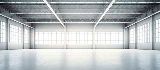 Clean empty factory or storehouse with 3D interior rendering Copy space image Place for adding text or design