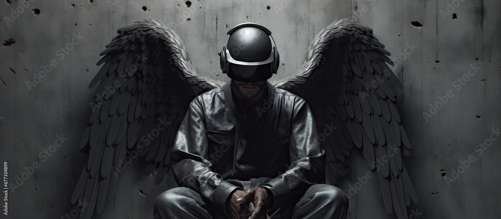 Poster 3d illustration of a thinker wearing vr glasses and with painted wings copy space image place for ad