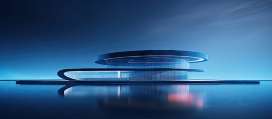 Abstract 3D illustration of a futuristic building glowing blue Copy space image Place for adding text or design