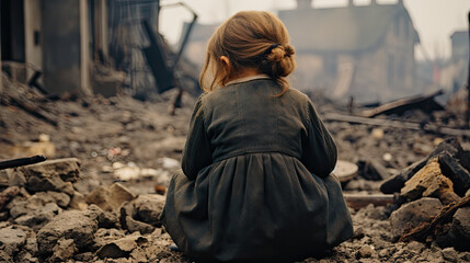 A frightened little girl hopes for her mother's return in a war-torn town