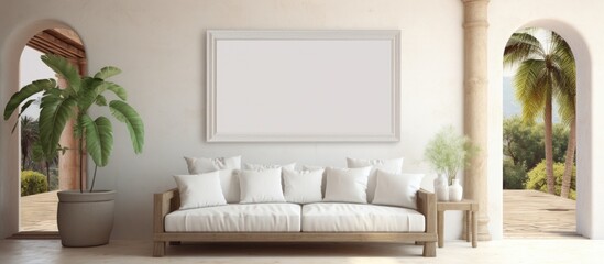 3D render of frame in Spanish villa s living room Copy space image Place for adding text or design