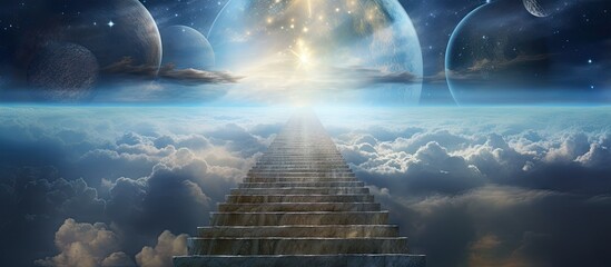 3D rendering of stairway leading to heaven featuring the earth Copy space image Place for adding text or design