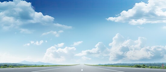 3D illustration of a road on white background with clouds in the sky for a motorway design advertisement Copy space image Place for adding text or design