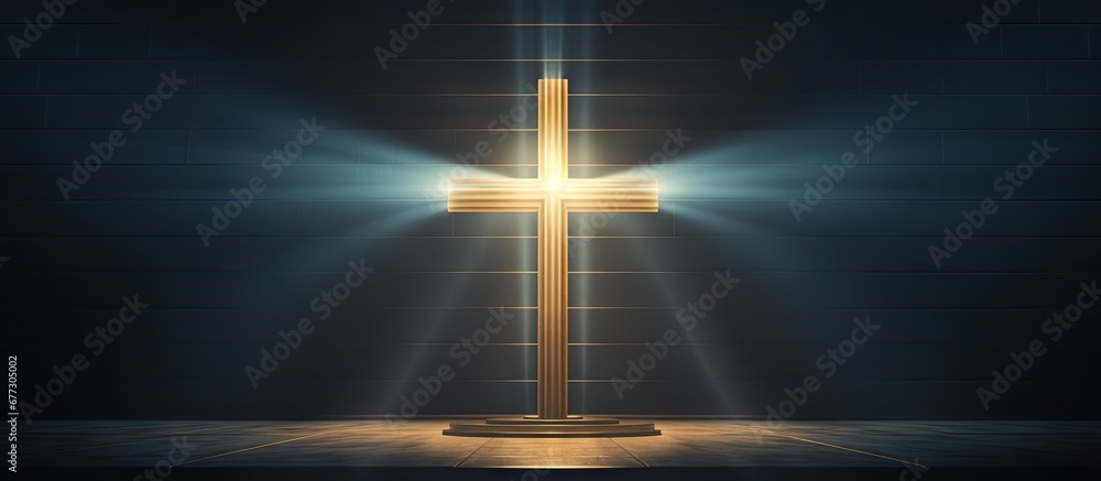 Aufkleber 3d rendered background with space for text depicting a cross in a dark room illuminated by a christi