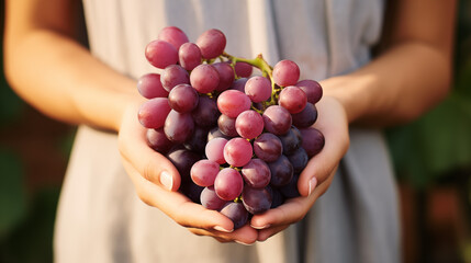 Bunch of grapes in the hands of a girl. Handpicked ripe grapes closeup. Red wine grapes. Fresh juicy berries. Healthy organic sweet fruit. Delicious autumn natural dessert. Vitamins diet. Generated AI - obrazy, fototapety, plakaty