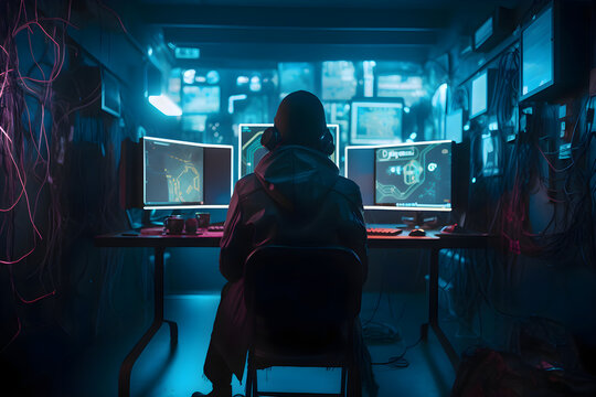 Cyber security concept. Young man in hoodie sitting in front of computer monitors at dark room with neon lights. Selective focus