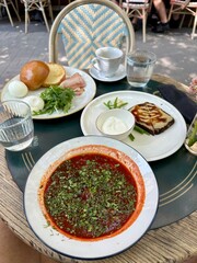 Ukrainian borscht in a cafe on the table