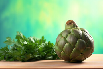 Obraz premium Artichoke and parsley on table against a green blurred background.
