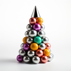 A christmas tree made out of metallic balls.