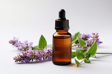 A bottle of essential oil next to a bunch of flowers. Glass bottle on white background.