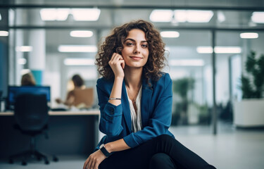 beautiful young businesswoman smiling looking at camera in office.