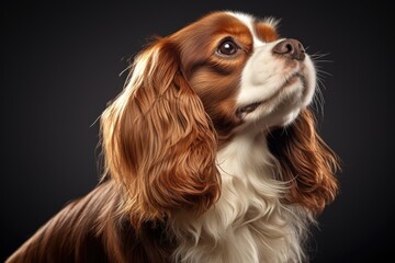 Naklejka premium A close up of a spaniel dog with a black background.